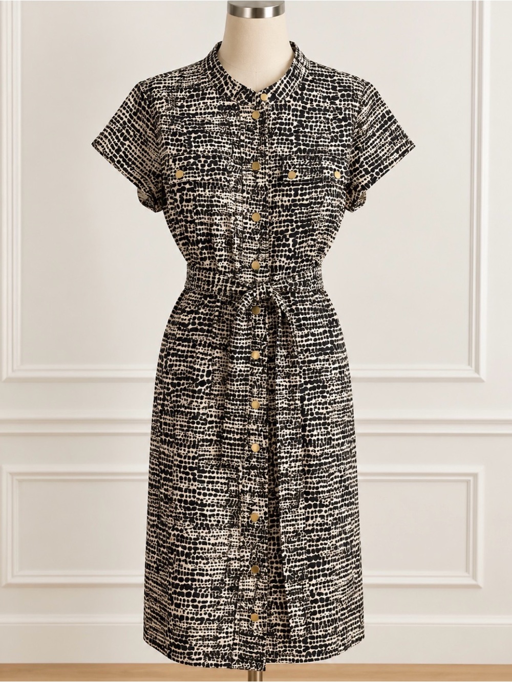 Calvin Klein Classic Black & White Button-Front Shirt Dress with Waist Tie NWOT